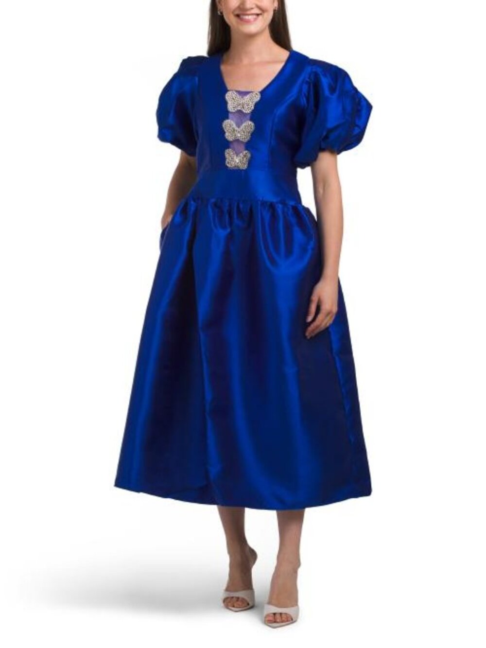 NANCY YANG Puff Sleeve Embelished Decal Dress